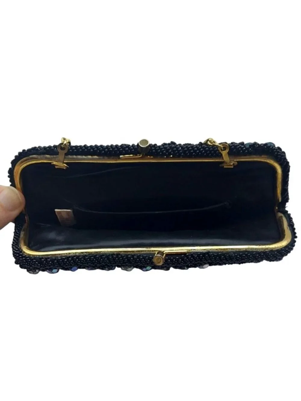 Vintage Black Beaded Evening Clutch Bag Iridescent Beads & Gold Chain Strap